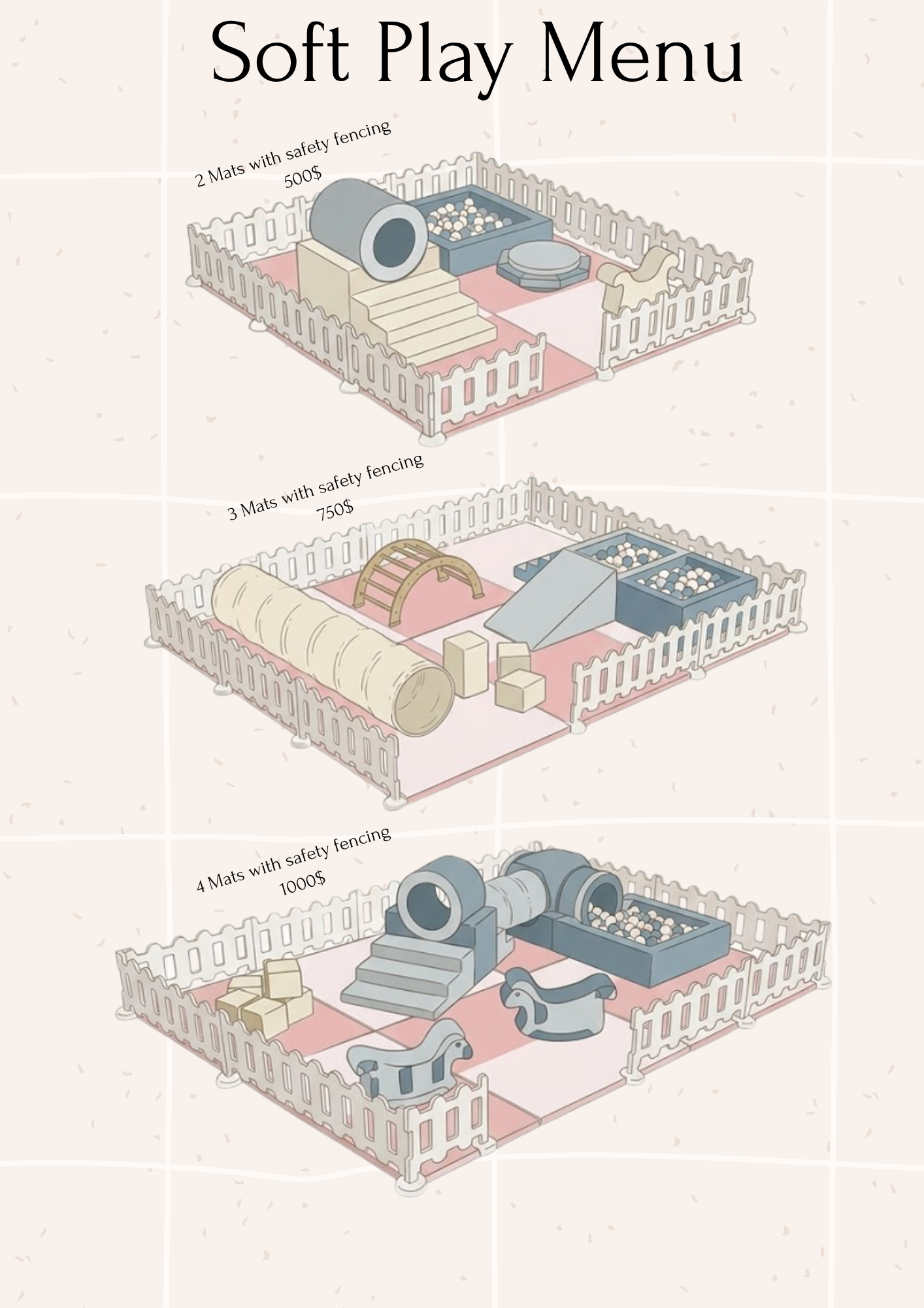 Soft Play Menu — 2 Mats $500, 3 Mats $750, 4 Mats $1000